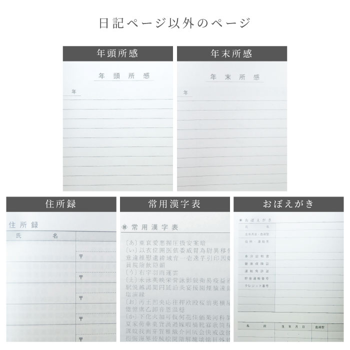 日記以外にも年頭所感、年末所感、住所録、常用漢字表、おぼえがきのページがあり
