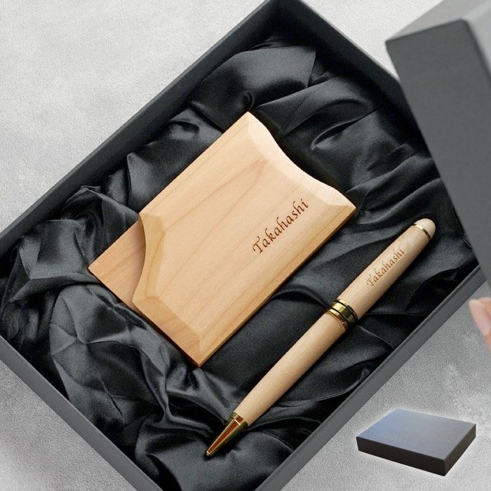 名入れ木製ボールペン&不思議な木製名刺入れギフトセットナチュラルカラー