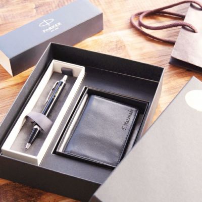 名入れ本革名刺入れ & PARKER IMCT 名入れボールペン5つ盛り