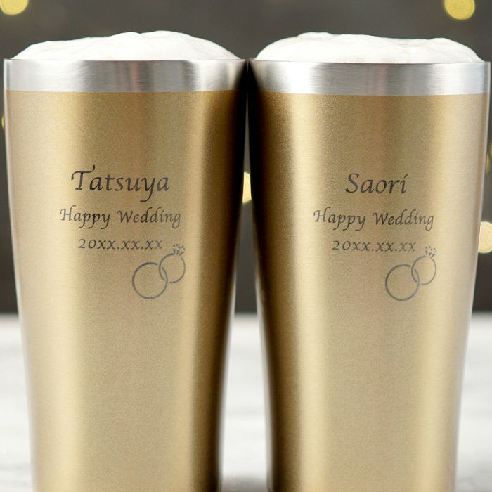 ゴールド真空断熱名入れステンレスタンブラーダブルリングハートスノーペア