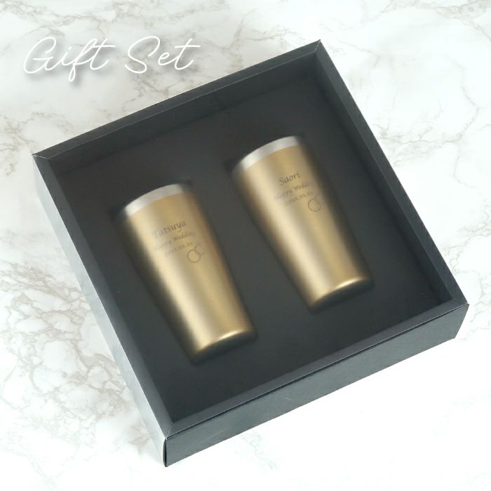 ゴールド真空断熱名入れステンレスタンブラーダブルリングハートスノーペア