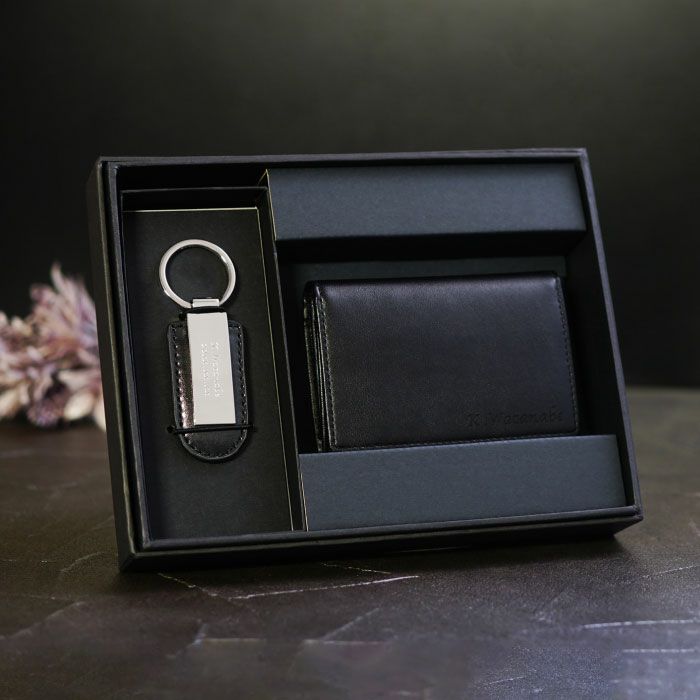 名入れメタルプレートキーホルダー＆本革名刺入れセット