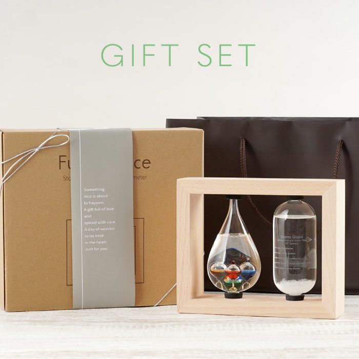 木製フレーム付きガリレオ温度計＆ストームグラス